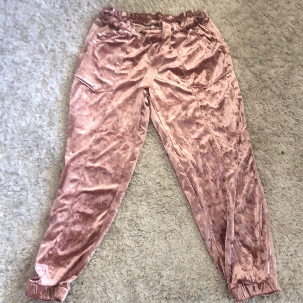 Rose pink crushed velvet joggers